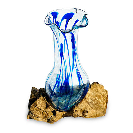 Driftwood with Layered Blue Crinkle Molten Glass Vase 25cm