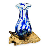 Driftwood with Layered Blue Crinkle Molten Glass Vase 25cm