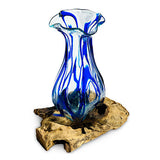 Driftwood with Layered Blue Crinkle Molten Glass Vase 25cm