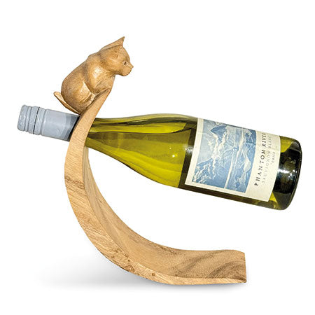 Cat Hand Carved Wooden Balance Wine Bottle Holder