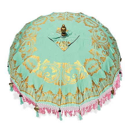 Bali Sun Parasol mint green with pink candy fringe 2m (with pole joint)
