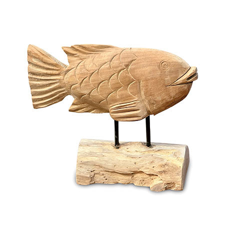 Teak Carp Fish on stand 32cm