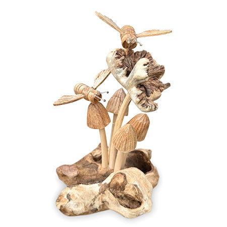 2 Bees on Mushrooms Mini Sculpture 16cm