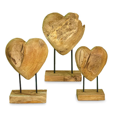 Teak Solid Hearts on Stands set of 3