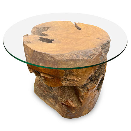 Teak Round Solid Block Coffee Table base 50x50cm with 70cm glass